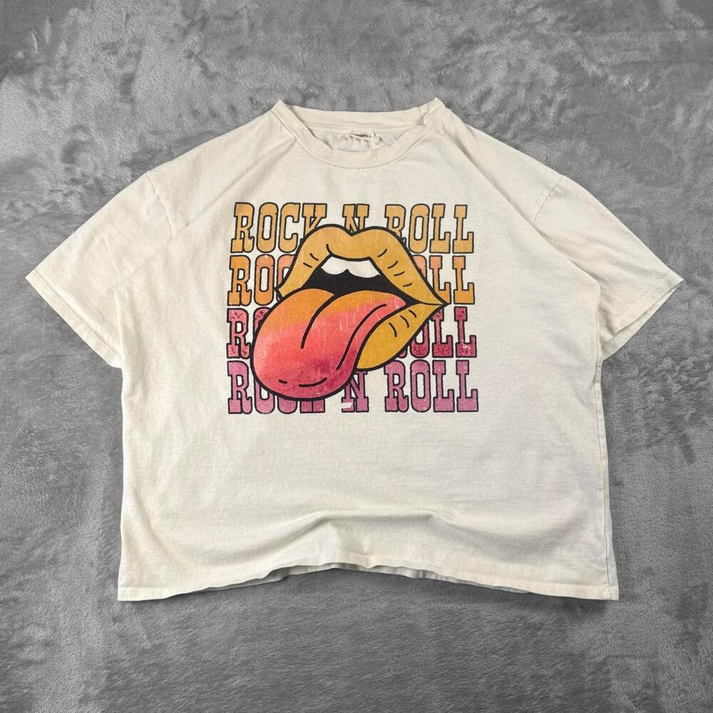Rock N Roll Tongue Lips Graphic T Shirt Size Medium White Y2K Style